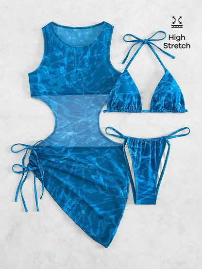Women's 3-Piece Tie-Dye Bikini Set - Halter, Cover-Up Dress, Thongs, Green