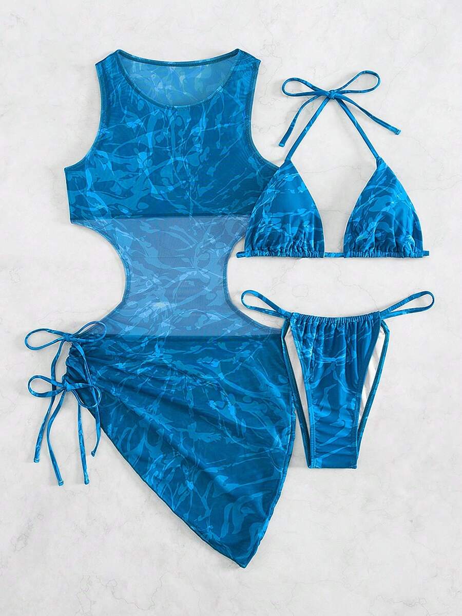 Women's 3-Piece Tie-Dye Bikini Set - Halter, Cover-Up Dress, Thongs, Green