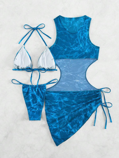 Women's 3-Piece Tie-Dye Bikini Set - Halter, Cover-Up Dress, Thongs, Green