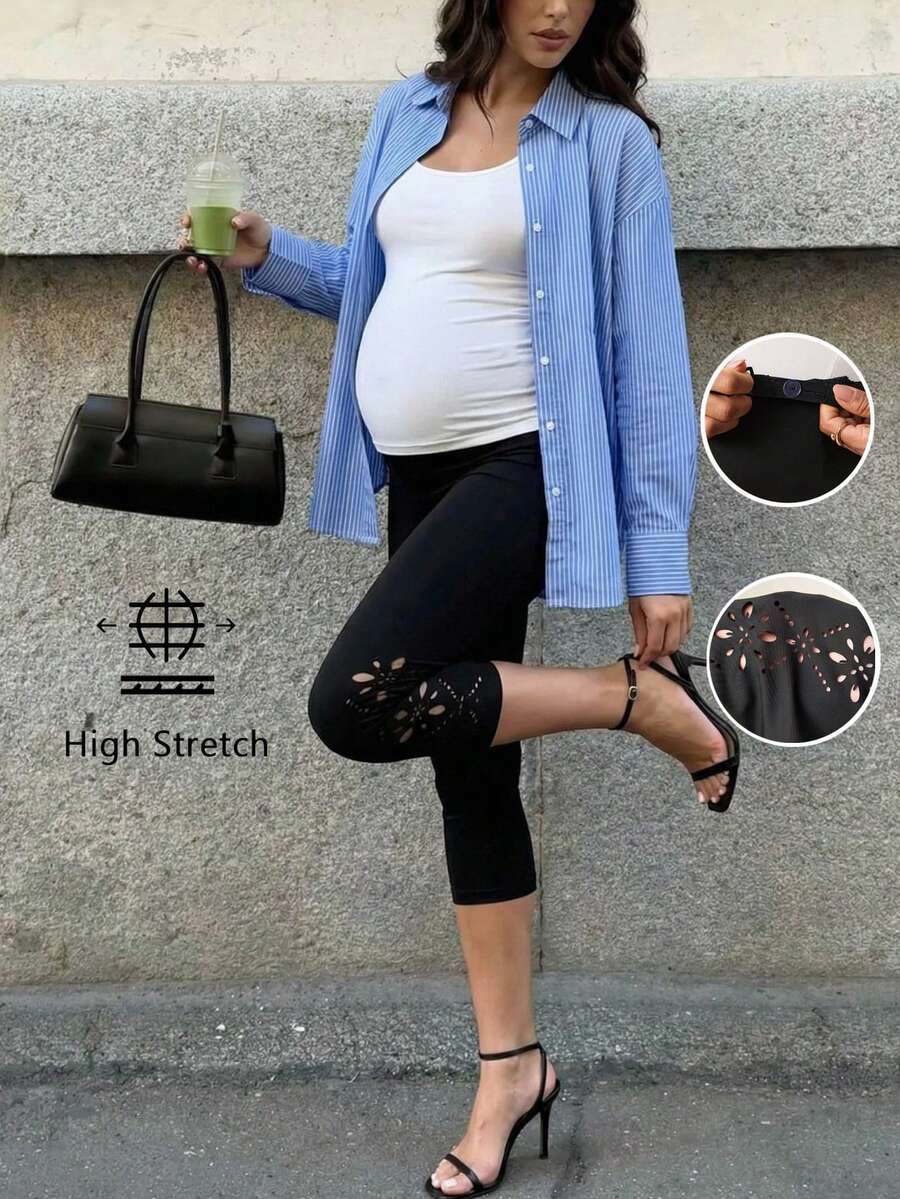 Maternity Black Capri Leggings with Floral Hem High Waist Adjustable Belly Support Stretchy Maternity Work Outfits for Commuting