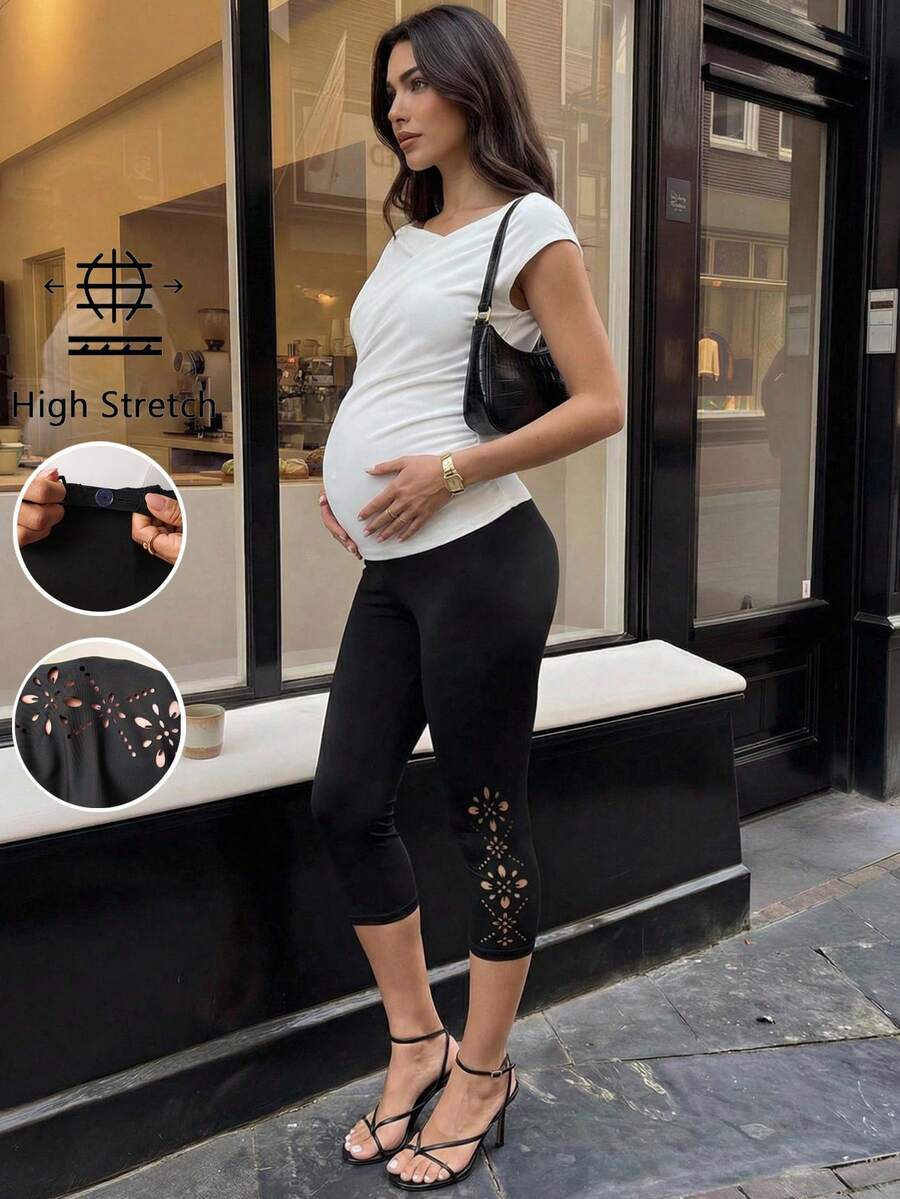 Maternity Black Capri Leggings with Floral Hem High Waist Adjustable Belly Support Stretchy Maternity Work Outfits for Commuting