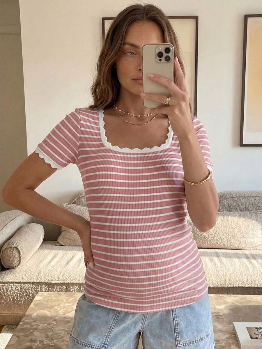 Maternity Striped Short Sleeve Scoop Neck T-Shirt with Scalloped Shell Trim White Casual Summer Pregnancy Tee Slim Fit Medium Stretch