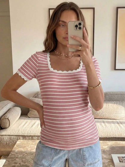 Maternity Striped Short Sleeve Scoop Neck T-Shirt with Scalloped Shell Trim White Casual Summer Pregnancy Tee Slim Fit Medium Stretch