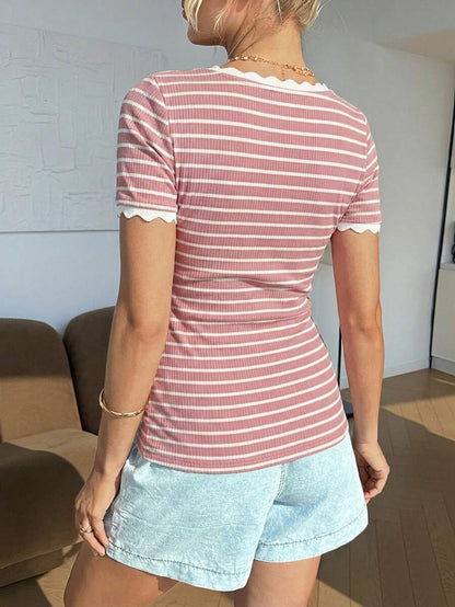 Maternity Striped Short Sleeve Scoop Neck T-Shirt with Scalloped Shell Trim White Casual Summer Pregnancy Tee Slim Fit Medium Stretch