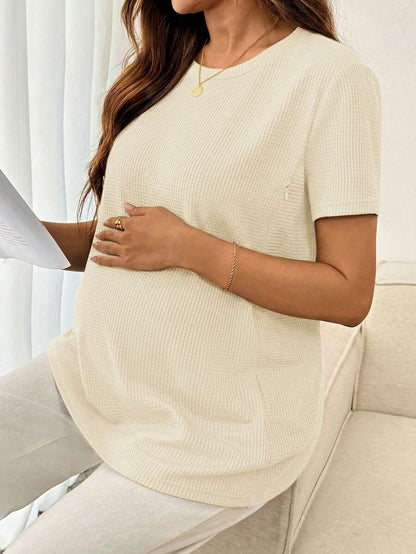 Black Short Sleeve Maternity Nursing Top with Zipper Detail Loose Fit Round Neck Soft Knitted Casual Home Wear Shirt