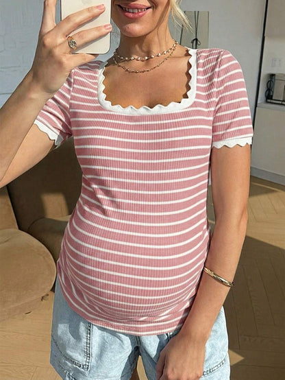 Maternity Striped Short Sleeve Scoop Neck T-Shirt with Scalloped Shell Trim White Casual Summer Pregnancy Tee Slim Fit Medium Stretch