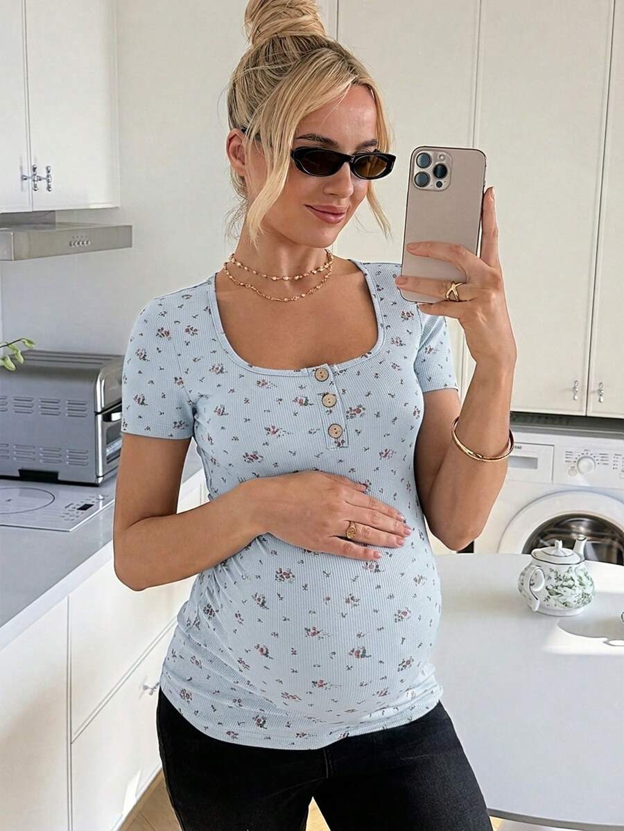 Maternity Grey Ditsy Floral Square Neck Short Sleeve T-Shirt - Slim Fit Knitted Summer Top for Pregnant Women