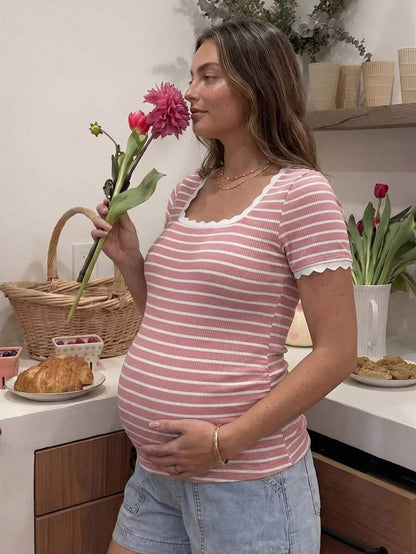 Maternity Striped Short Sleeve Scoop Neck T-Shirt with Scalloped Shell Trim White Casual Summer Pregnancy Tee Slim Fit Medium Stretch
