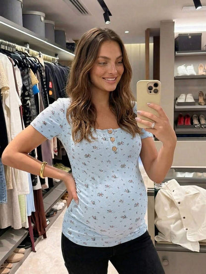 Maternity Grey Ditsy Floral Square Neck Short Sleeve T-Shirt - Slim Fit Knitted Summer Top for Pregnant Women