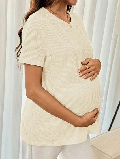 Black Short Sleeve Maternity Nursing Top with Zipper Detail Loose Fit Round Neck Soft Knitted Casual Home Wear Shirt