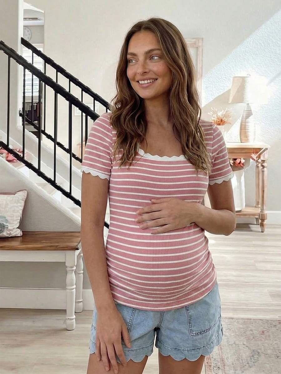 Maternity Striped Short Sleeve Scoop Neck T-Shirt with Scalloped Shell Trim White Casual Summer Pregnancy Tee Slim Fit Medium Stretch