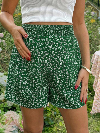 Green Ditsy Floral Maternity Shorts - Boho High Waist Wide Leg Summer Shorts - Loose Fit Elastic Waist Casual Maternity Home Wear