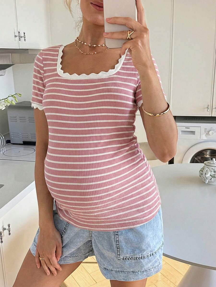 Maternity Striped Short Sleeve Scoop Neck T-Shirt with Scalloped Shell Trim White Casual Summer Pregnancy Tee Slim Fit Medium Stretch