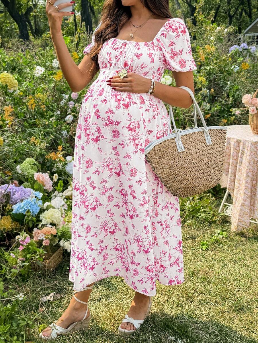 Maternity Casual Blue Ditsy Floral Square Neck Puff Sleeve Midi A-Line Dress for Home and Daily Wear