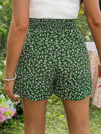 Green Ditsy Floral Maternity Shorts - Boho High Waist Wide Leg Summer Shorts - Loose Fit Elastic Waist Casual Maternity Home Wear
