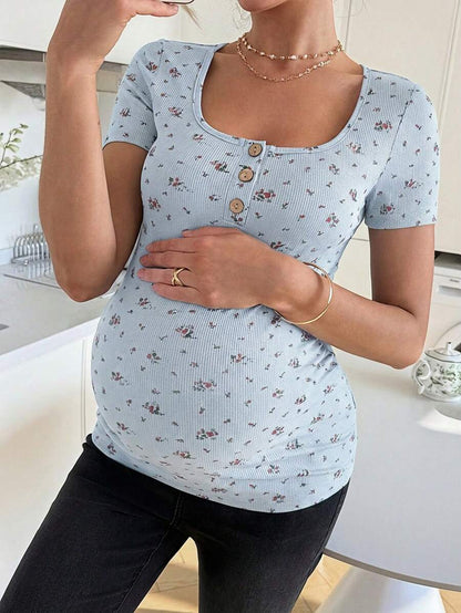Maternity Grey Ditsy Floral Square Neck Short Sleeve T-Shirt - Slim Fit Knitted Summer Top for Pregnant Women