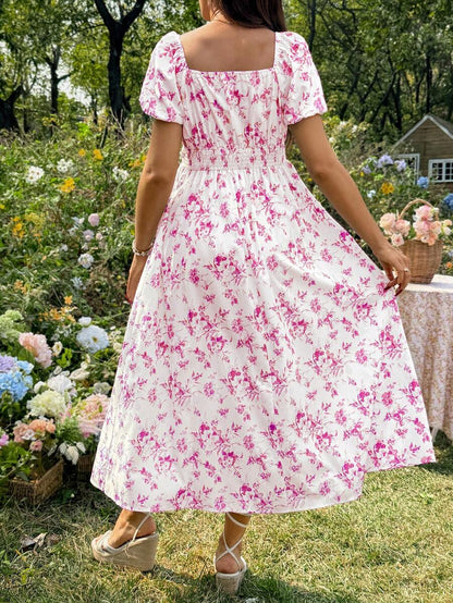 Maternity Casual Blue Ditsy Floral Square Neck Puff Sleeve Midi A-Line Dress for Home and Daily Wear
