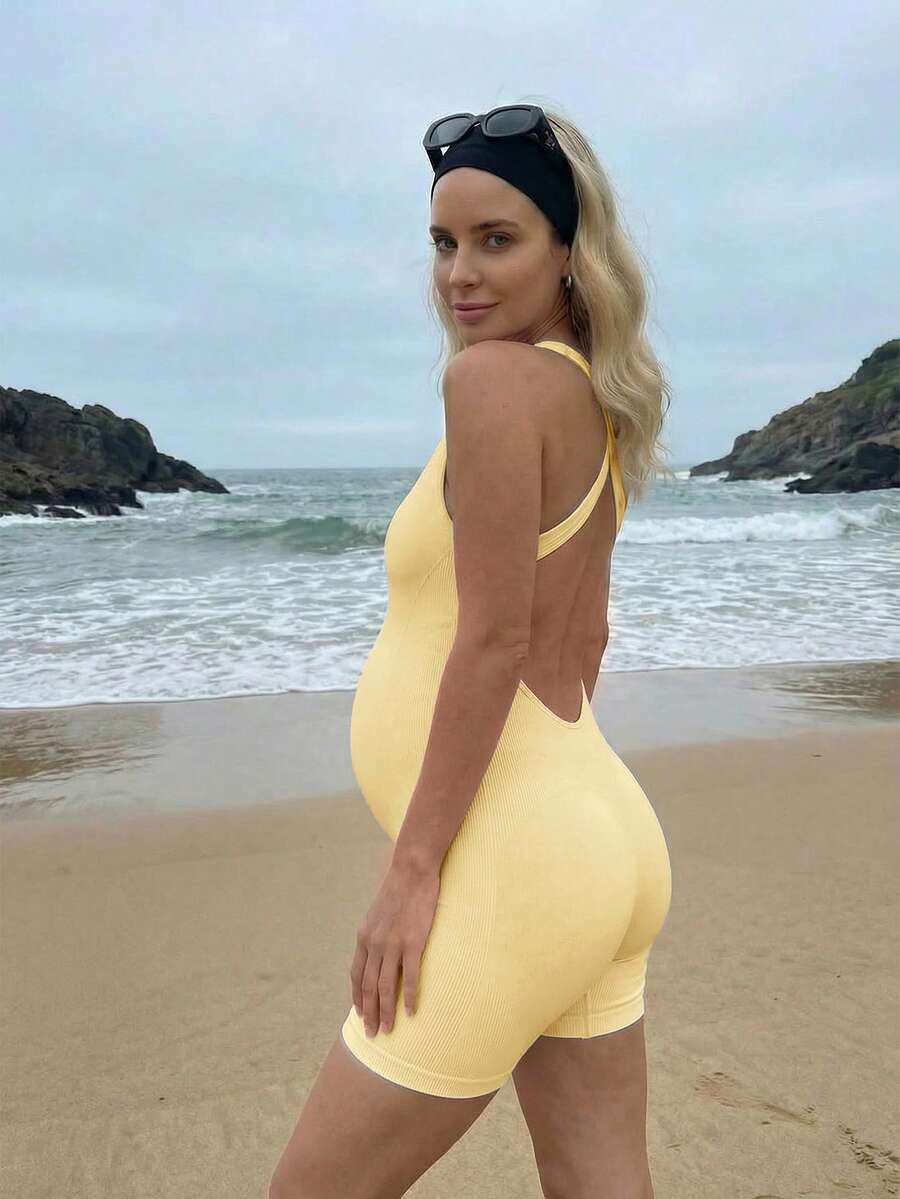 Maternity Casual Solid Color Sleeveless Backless Romper For Summer,Word Cup