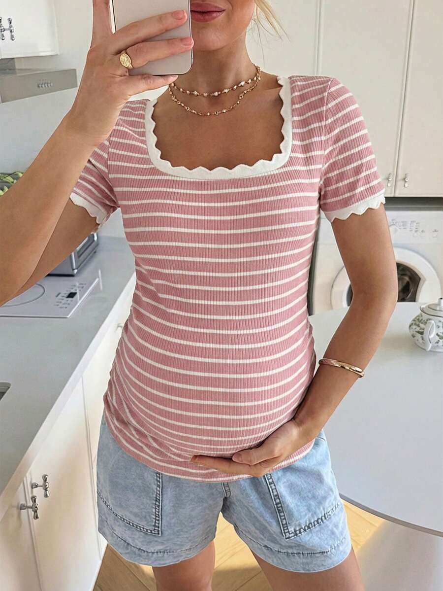 Maternity Striped Short Sleeve Scoop Neck T-Shirt with Scalloped Shell Trim White Casual Summer Pregnancy Tee Slim Fit Medium Stretch