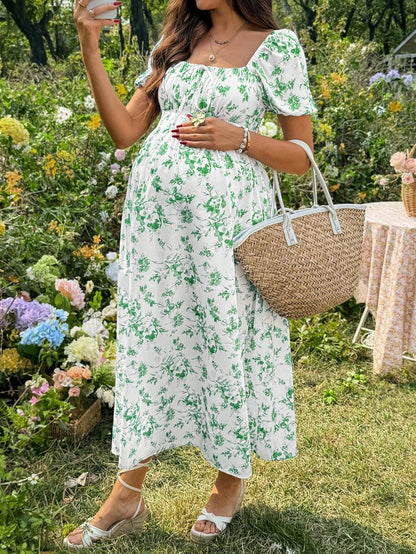 Maternity Casual Blue Ditsy Floral Square Neck Puff Sleeve Midi A-Line Dress for Home and Daily Wear