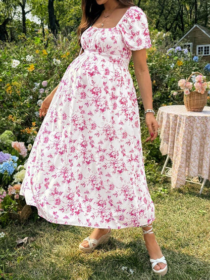 Maternity Casual Blue Ditsy Floral Square Neck Puff Sleeve Midi A-Line Dress for Home and Daily Wear
