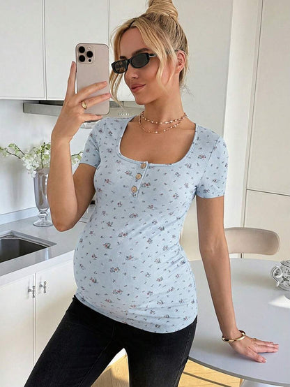 Maternity Grey Ditsy Floral Square Neck Short Sleeve T-Shirt - Slim Fit Knitted Summer Top for Pregnant Women
