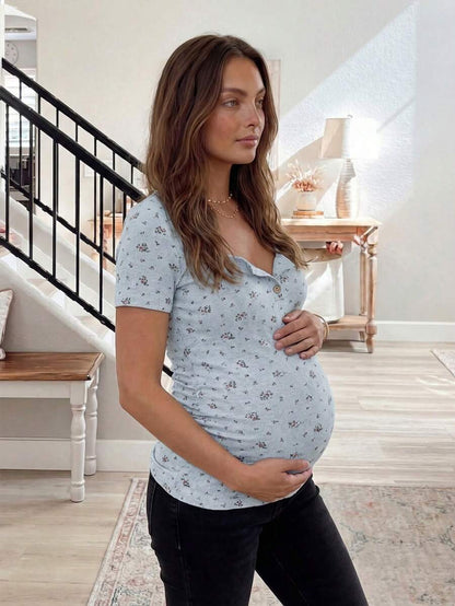 Maternity Grey Ditsy Floral Square Neck Short Sleeve T-Shirt - Slim Fit Knitted Summer Top for Pregnant Women