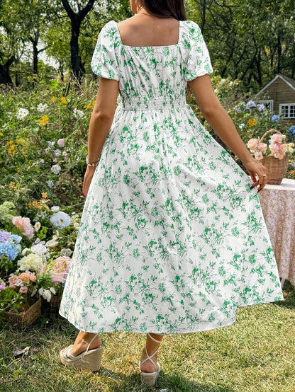 Maternity Casual Blue Ditsy Floral Square Neck Puff Sleeve Midi A-Line Dress for Home and Daily Wear