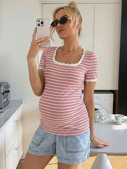 Maternity Striped Short Sleeve Scoop Neck T-Shirt with Scalloped Shell Trim White Casual Summer Pregnancy Tee Slim Fit Medium Stretch