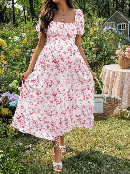 Maternity Casual Blue Ditsy Floral Square Neck Puff Sleeve Midi A-Line Dress for Home and Daily Wear