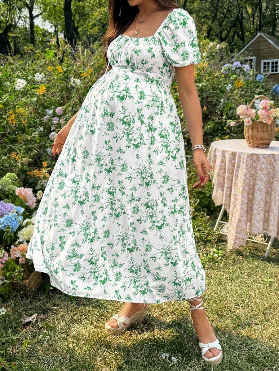 Maternity Casual Blue Ditsy Floral Square Neck Puff Sleeve Midi A-Line Dress for Home and Daily Wear
