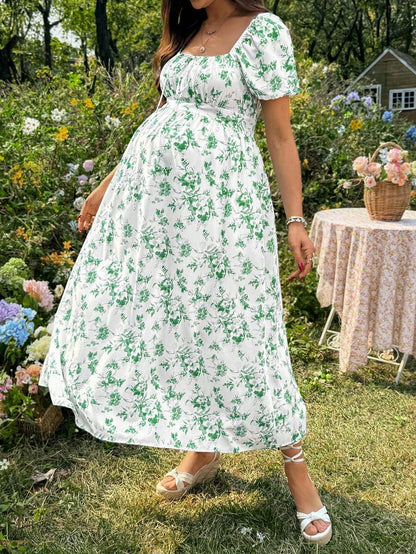 Maternity Casual Blue Ditsy Floral Square Neck Puff Sleeve Midi A-Line Dress for Home and Daily Wear