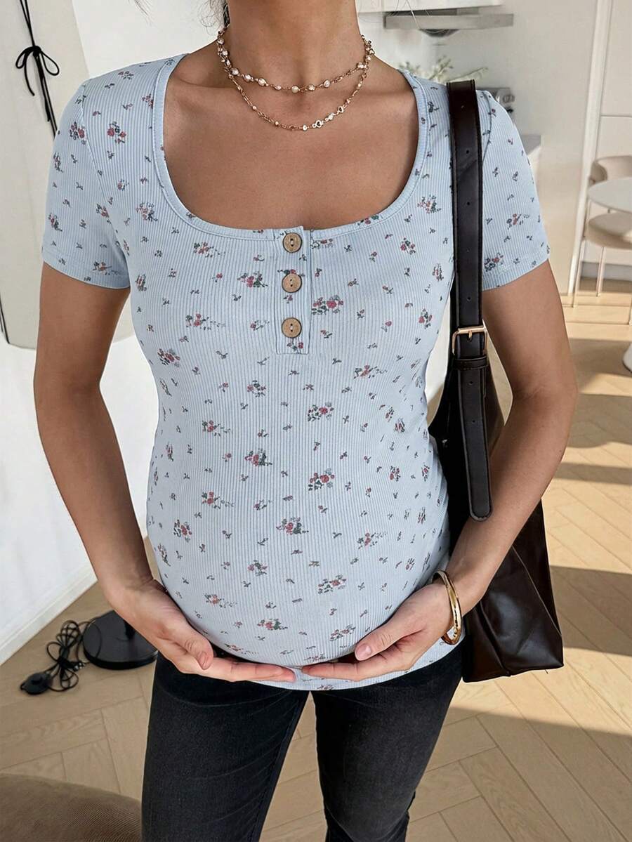 Maternity Grey Ditsy Floral Square Neck Short Sleeve T-Shirt - Slim Fit Knitted Summer Top for Pregnant Women