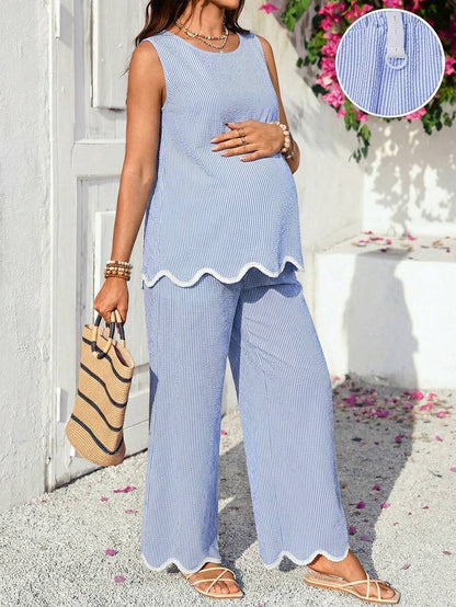Maternity Round Neck Sleeveless Green 2 Piece Set Minimalist Camisole and Cropped Pants Casual Summer Outfit
