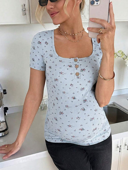 Maternity Grey Ditsy Floral Square Neck Short Sleeve T-Shirt - Slim Fit Knitted Summer Top for Pregnant Women