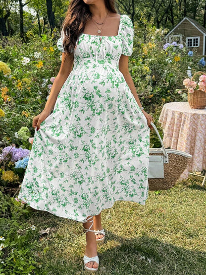 Maternity Casual Blue Ditsy Floral Square Neck Puff Sleeve Midi A-Line Dress for Home and Daily Wear