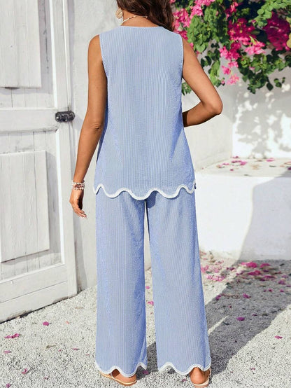 Blue and White Striped Maternity 2-Piece Set - Sleeveless Camisole and Long Pants - Casual Beach Vacation Outfit for Pregnant Women