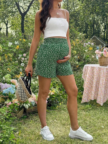 Green Ditsy Floral Maternity Shorts - Boho High Waist Wide Leg Summer Shorts - Loose Fit Elastic Waist Casual Maternity Home Wear