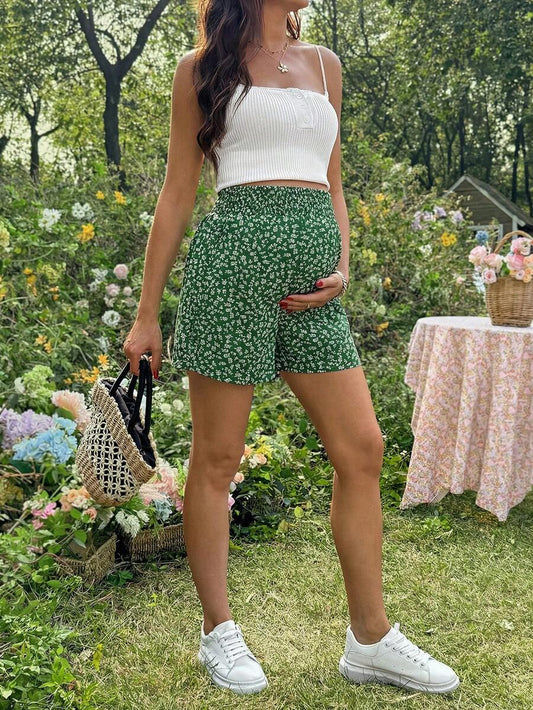 Green Ditsy Floral Maternity Shorts - Boho High Waist Wide Leg Summer Shorts - Loose Fit Elastic Waist Casual Maternity Home Wear