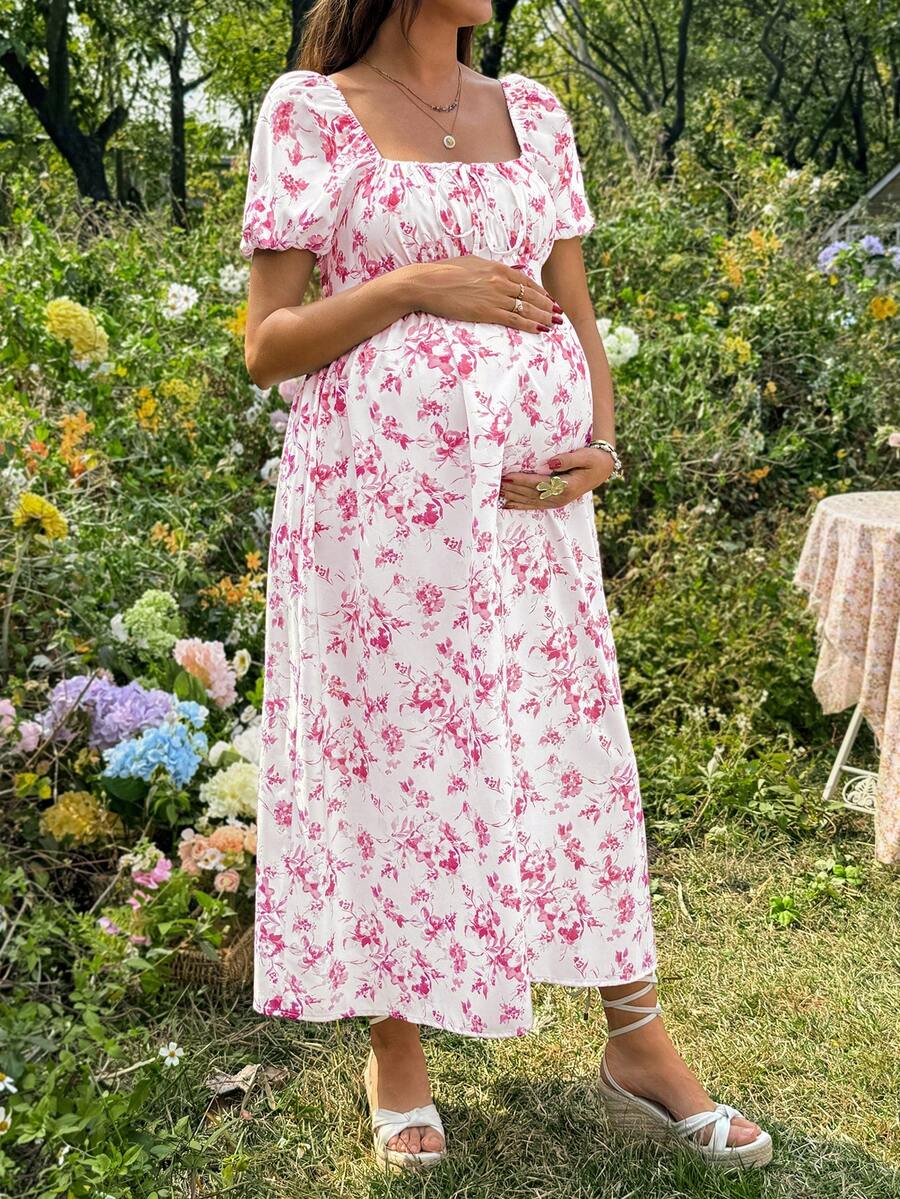 Maternity Casual Blue Ditsy Floral Square Neck Puff Sleeve Midi A-Line Dress for Home and Daily Wear