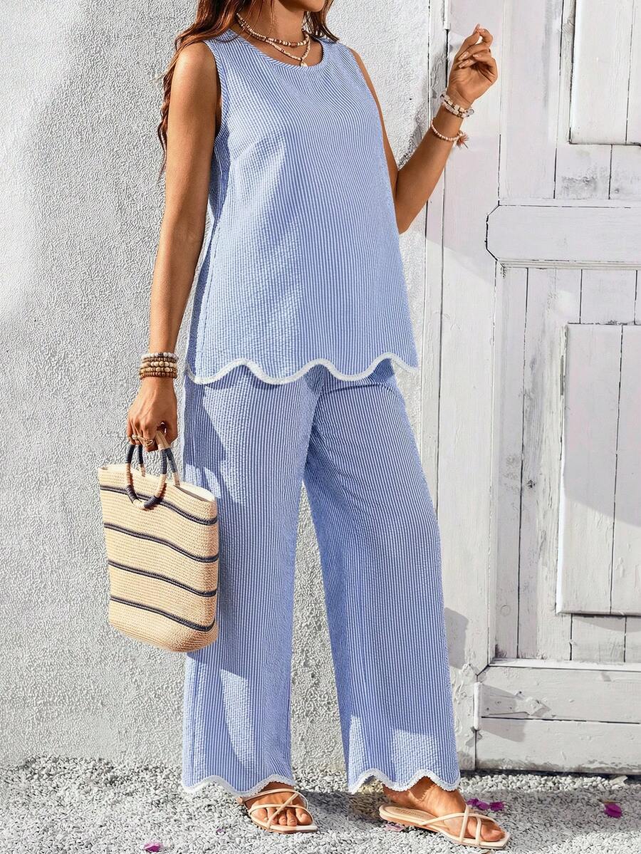 Blue and White Striped Maternity 2-Piece Set - Sleeveless Camisole and Long Pants - Casual Beach Vacation Outfit for Pregnant Women