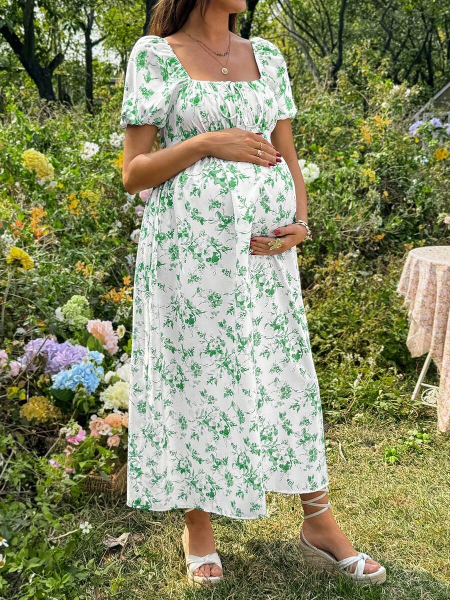 Maternity Casual Blue Ditsy Floral Square Neck Puff Sleeve Midi A-Line Dress for Home and Daily Wear