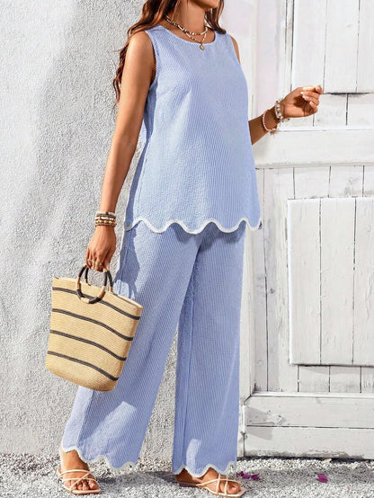 Maternity Round Neck Sleeveless Green 2 Piece Set Minimalist Camisole and Cropped Pants Casual Summer Outfit