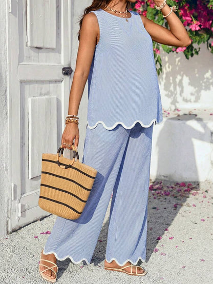 Blue and White Striped Maternity 2-Piece Set - Sleeveless Camisole and Long Pants - Casual Beach Vacation Outfit for Pregnant Women