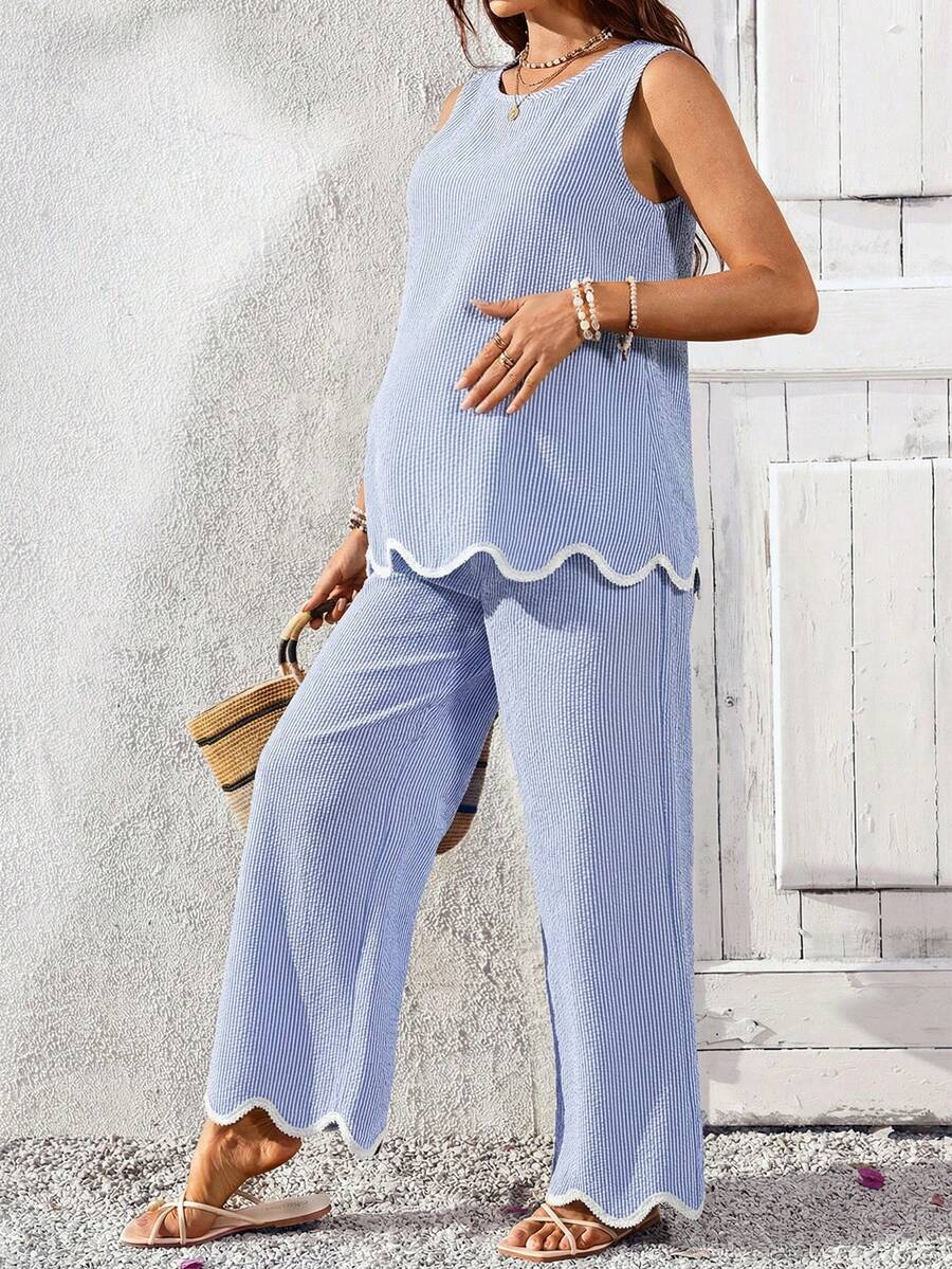 Maternity Round Neck Sleeveless Green 2 Piece Set Minimalist Camisole and Cropped Pants Casual Summer Outfit