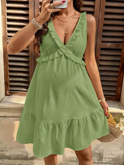 Maternity Light Yellow Deep V Neck Puff Sleeve Ruffle Trim A Line Short Dress for Beach and Summer Vacation