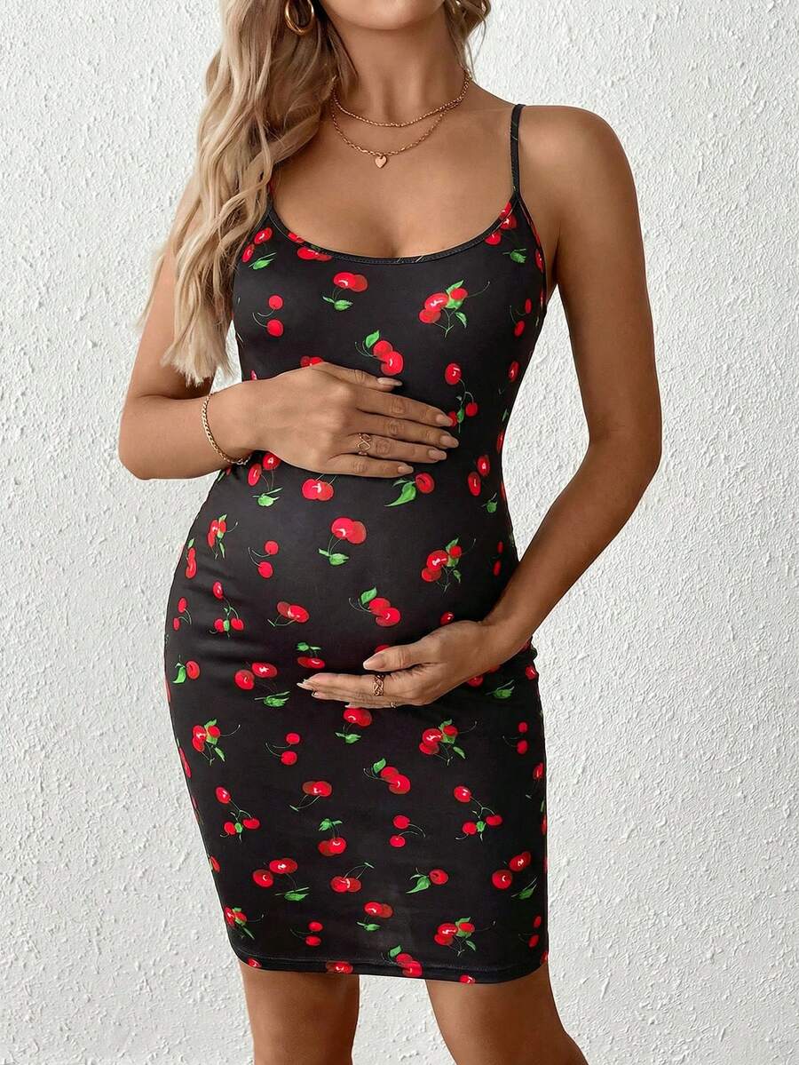 Maternity Sleeveless Fitted Cherry Print Mini Cami Dress Slim Fit Spaghetti Strap Baby Shower Party Outfit