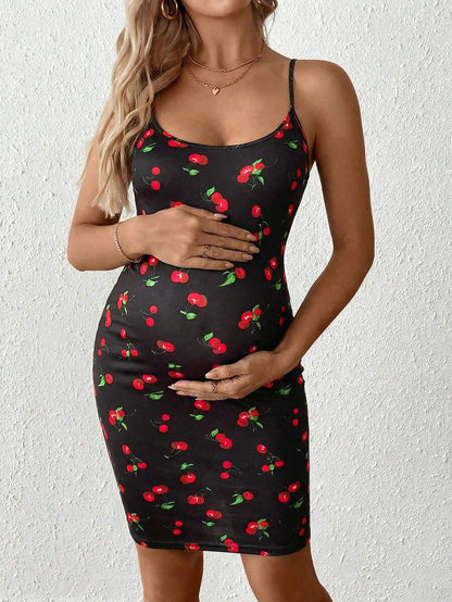 Maternity Sleeveless Fitted Cherry Print Mini Cami Dress Slim Fit Spaghetti Strap Baby Shower Party Outfit