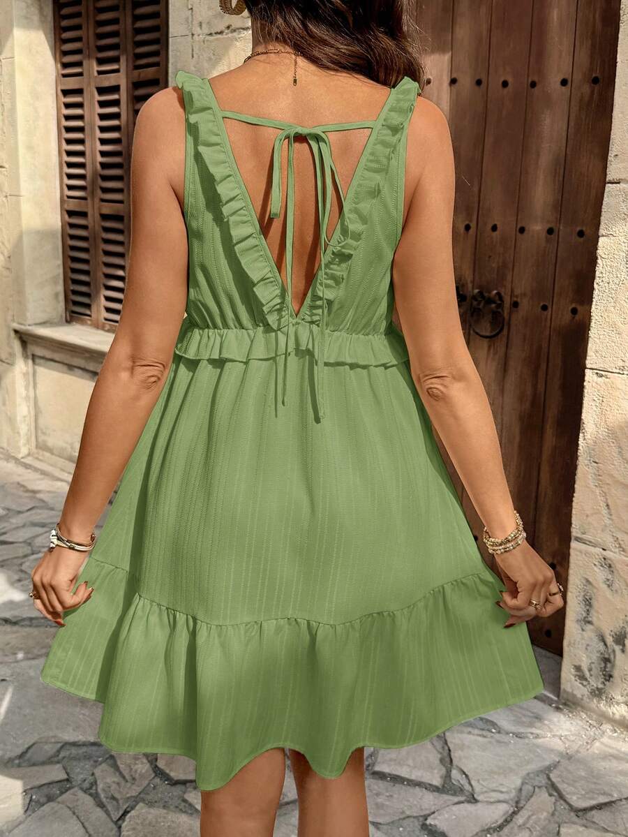 Maternity Light Yellow Deep V Neck Puff Sleeve Ruffle Trim A Line Short Dress for Beach and Summer Vacation
