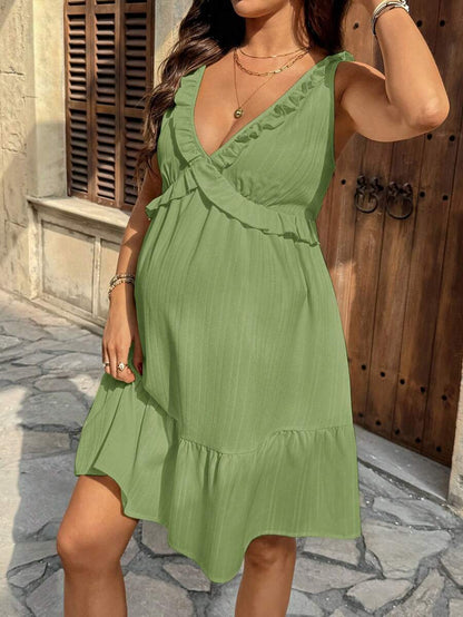 Maternity Light Yellow Deep V Neck Puff Sleeve Ruffle Trim A Line Short Dress for Beach and Summer Vacation